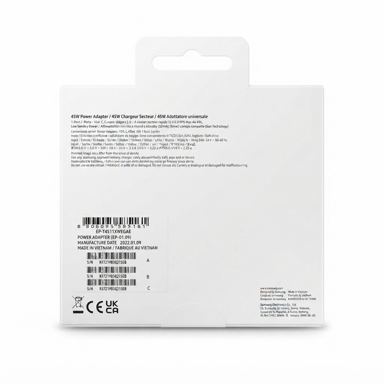 آداپتور اصل 45 وات سامسونگ سه پین با کابل 1.8 متری اصلی داخلی پک مدل EP-4511